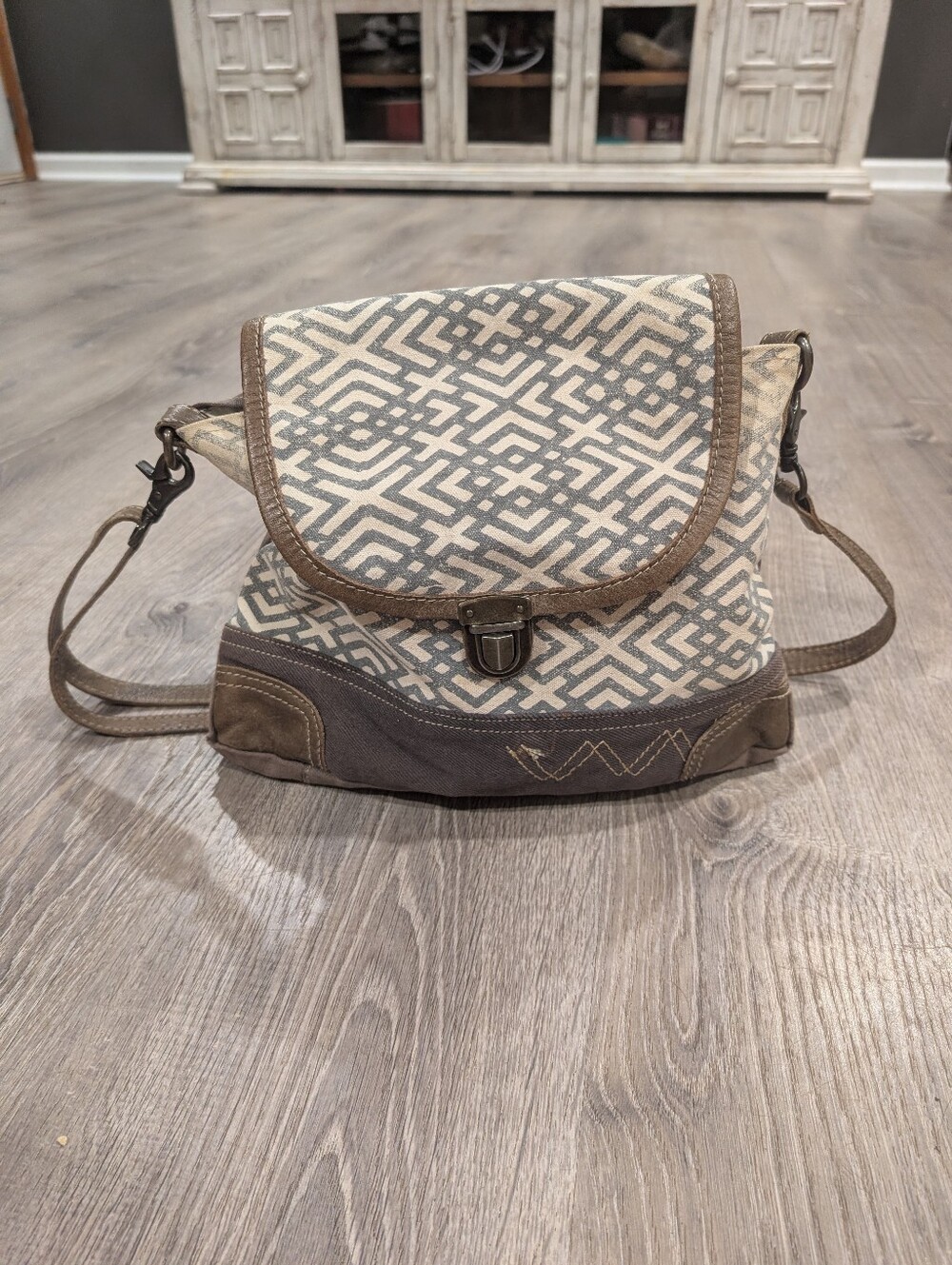 Myra Bag Cranky Upcycled Canvas Leather Crossbody Shoulder Bag Boho Geometric